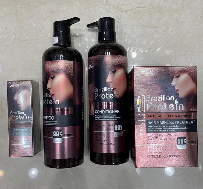 Brazilian PROTEIN Hair treatment. – Anti Hair Fall & Damage Repair – Moisturizing & Smoothing SHAMPOO CONDITIONER HAIR MASK and SERUM – Sulfate & Sodium Free 99% Natural Formula (Set 4pcs) - Image 1